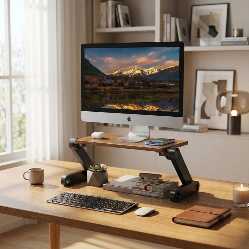 Puede incluir: Una moderna configuraci&oacute;n de oficina en casa con un ordenador de sobremesa que muestra un paisaje de monta&ntilde;a. El ordenador est&aacute; sobre un soporte de madera ajustable. Un teclado, un rat&oacute;n y una peque&ntilde;a planta suculenta est&aacute;n sobre el escritorio. Tambi&eacute;n se ven una taza y una vela.