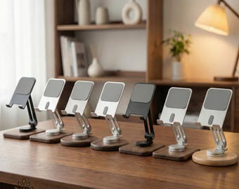 Soporte de madera ajustable para teléfono - Soporte de escritorio premium - Soporte de madera y metal hecho a mano para iPhone y Android