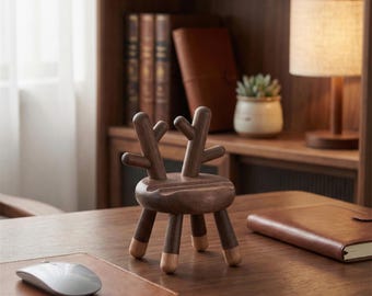 Wooden Reindeer Phone Stand - Cute Desk Decor - Nordic Style Animal Ornament - Handmade Wood Figurine Gift - Office Accessory