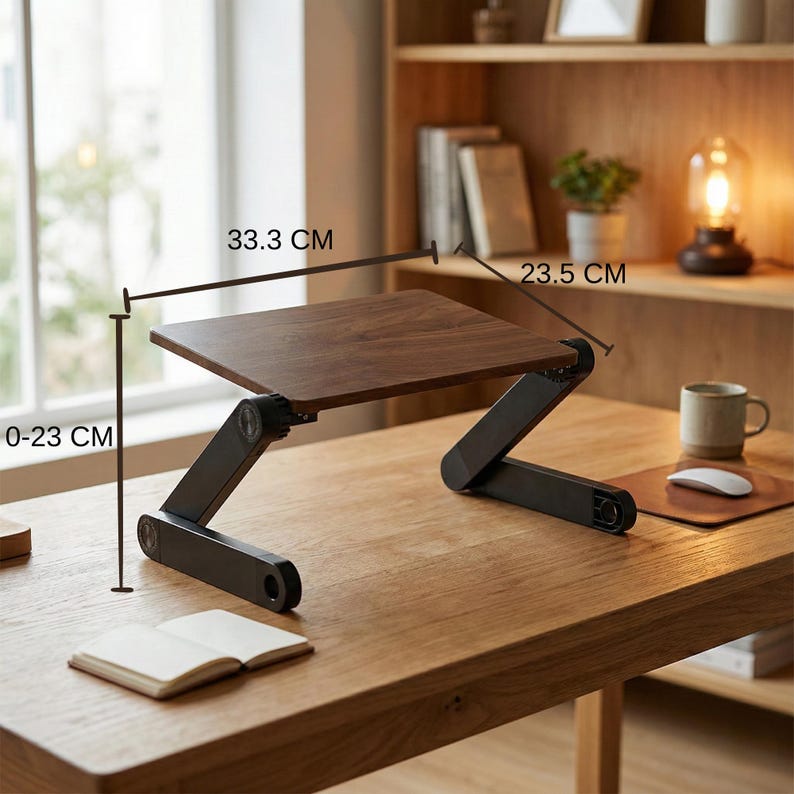 Puede incluir: Un soporte de madera marr&oacute;n oscuro para port&aacute;til con patas negras ajustables. La superficie del soporte mide 33,3 cm x 23,5 cm y se puede ajustar de 0 a 23 cm de altura. El soporte est&aacute; sobre un escritorio de madera.