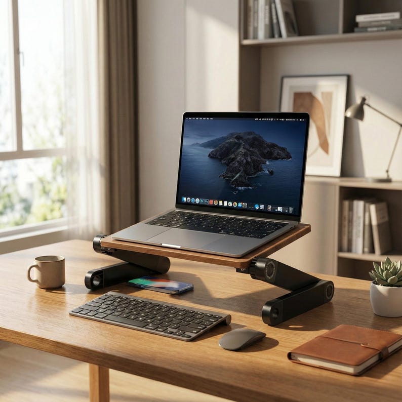 Puede incluir: Un port&aacute;til sobre un soporte de madera con un teclado, un rat&oacute;n y una taza de caf&eacute; sobre un escritorio de madera. La pantalla del port&aacute;til muestra un paisaje monta&ntilde;oso. Un smartphone y un cuaderno tambi&eacute;n est&aacute;n en el escritorio.