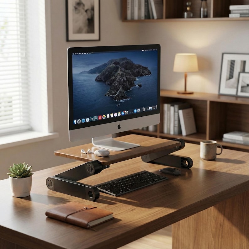 Puede incluir: Un escritorio de madera con un monitor de computadora, teclado y rat&oacute;n. El monitor muestra una imagen panor&aacute;mica. Una peque&ntilde;a planta suculenta en una maceta blanca y un cuaderno de cuero marr&oacute;n tambi&eacute;n est&aacute;n en el escritorio.