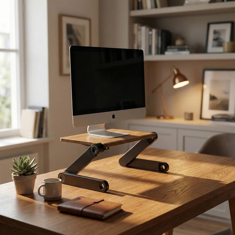 Puede incluir: Un escritorio de madera con un monitor de ordenador sobre un soporte regulable en altura. El soporte es de metal y tiene un dise&ntilde;o en forma de Z. Una peque&ntilde;a planta en maceta, una taza y un cuaderno de cuero est&aacute;n sobre el escritorio.