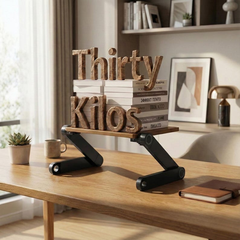 Puede incluir: Un organizador de escritorio de madera con las palabras "Thirty Kilos" encima de una pila de libros. El organizador tiene una base negra ajustable y est&aacute; sobre una mesa de madera. Una peque&ntilde;a planta suculenta y una taza de caf&eacute; tambi&eacute;n est&aacute;n sobre la mesa.