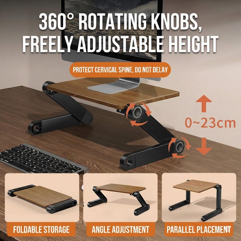 Puede incluir: Un soporte ajustable para port&aacute;til en negro y marr&oacute;n, con el texto "360&deg; ROTATING KNOBS, FREELY ADJUSTABLE HEIGHT" y "PROTECT CERVICAL SPINE, DO NOT DELAY". El soporte tiene un rango de ajuste de altura de 0-23cm. Incluye almacenamiento plegable, ajuste de &aacute;ngulo y colocaci&oacute;n paralela.