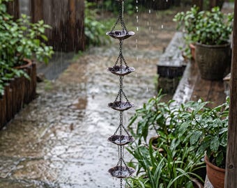 Lotus Rain Chains, antique bronze iron lotus leaf cup gutter rain chain, rustic zen garden patio outdoor water diverter housewarming decor