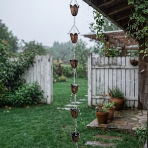 May include: A copper rain chain featuring a series of interconnected metal cups shaped like tulip blossoms. The chain hangs vertically from a roof gutter, with water cascading down through each individual cup during a rain shower.