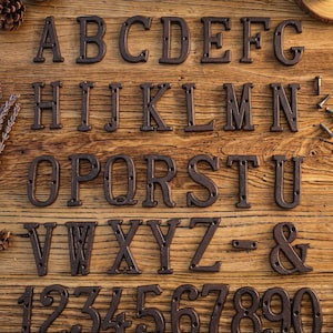 May include: A complete set of dark brown metal alphabet letters from A to Z, an ampersand, a hyphen, and numbers 0 through 9. Each character features small circular holes for mounting, arranged in rows on a textured wooden surface with metal screws.