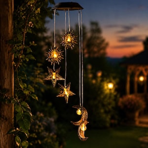 Solar Wind Chime, Moon Star Garden Light, Sun Hanging Lantern, Outdoor Patio Decor, Celestial Yard Ornament, Garden Gift