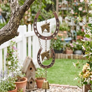 May include: A hanging wind chime featuring two copper-toned metal horseshoes arranged vertically, each centered with a bronze-colored horse head relief. The pieces are connected by metal chains, with a small brass bell suspended at the bottom.