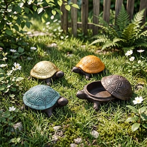 Könnte beinhalten: Vier schildkrötenförmige Schmuckdosen sind auf grünem Gras angeordnet. Eine ist metallisch gold, eine leuchtend orange, eine türkis mit verwittertem Finish und eine dunkelbraun, wobei der Deckel offen ist und das Innere zeigt.