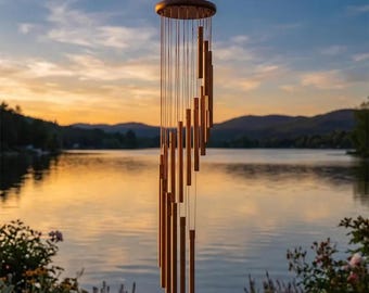 May include: A wind chime featuring a circular wooden top platform with multiple metallic copper-colored tubes of varying lengths suspended by thin strings in a spiral arrangement, hanging from a metal hook at the top center of the structure.
