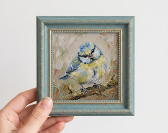 Whimsical Bird Oil Painting — Cottagecore Shelf Decor, Bird Watcher Gift