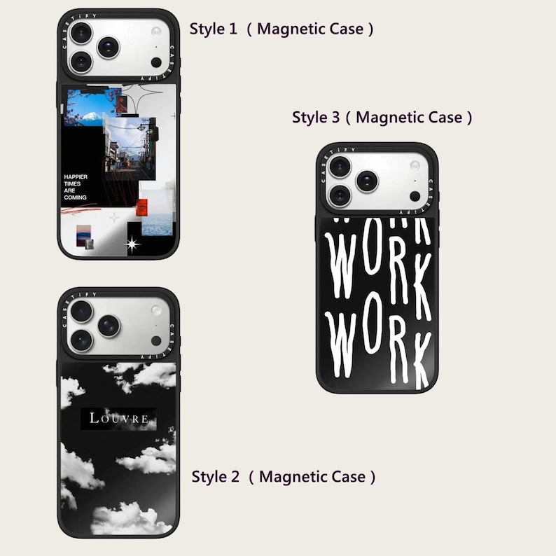 May include: Three black phone cases with different designs. One case has the text "HAPPIER TIMES ARE COMING" with a collage of images. Another features the word "LOUVRE" over a cloudy sky. The third case has the words "WORK WORK WORK" in white.