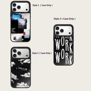 May include: Black phone cases with various designs. One case features a collage with text "HAPPIER TIMES ARE COMING". Another has a cloud design with "LOUVRE" text. The third case displays the word "WORK" in white.