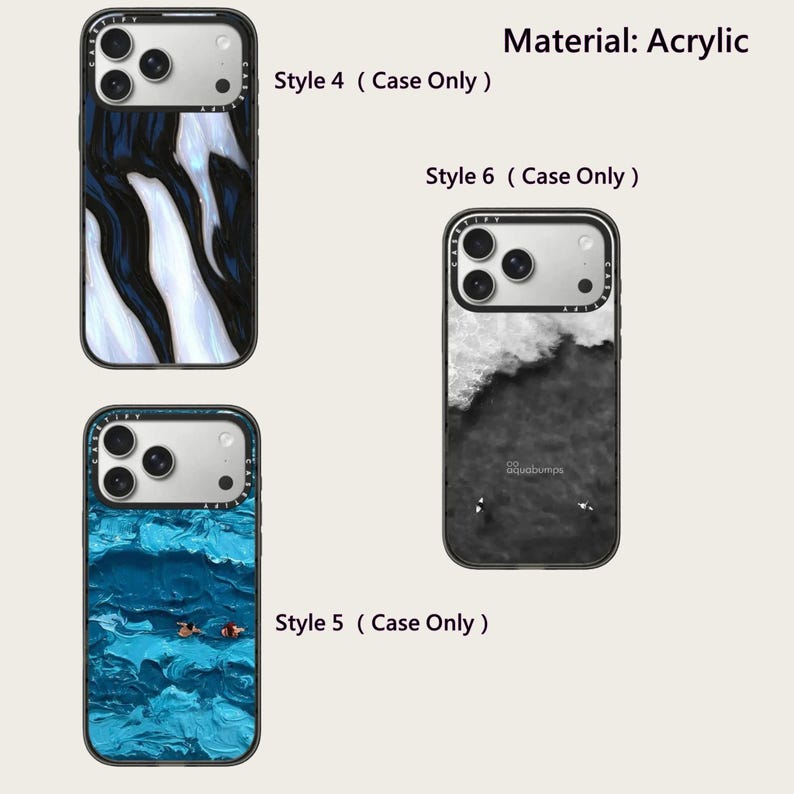 May include: Acrylic phone cases in three styles. Style 4 features a black and white abstract design. Style 6 has a black and white wave pattern. Style 5 showcases a blue ocean scene with two figures. The text "aquabumps" is visible.