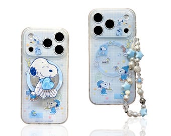 Pastel Blue Snoopy Magnetic Case | MagSafe Compatible Clear Cover with Stand & Lanyard for iPhone 17, 16, 15, 14,13,12,11