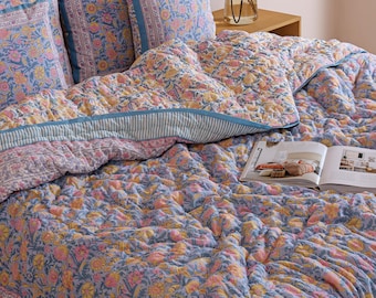 Sky Blue Floral Hand Block Printed Cotton Quilt, Botanical Flower Comforter, Reversible All Season Bedspread, Boho Queen King Bedding