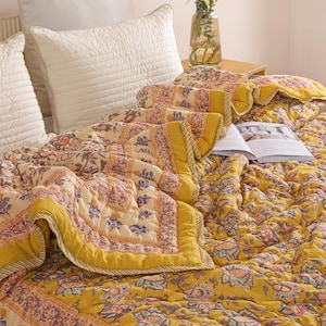 Handmade Golden Ochre Floral Quilt, Hand Block Printed Cotton Queen Bedspread, Boho Bedroom Decor, Yellow Throw Blanket, Luxury Bedding