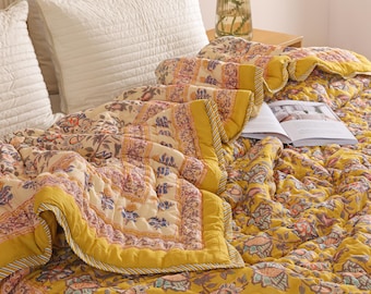Handmade Golden Ochre Floral Quilt, Hand Block Printed Cotton Queen Bedspread, Boho Bedroom Decor, Yellow Throw Blanket, Luxury Bedding