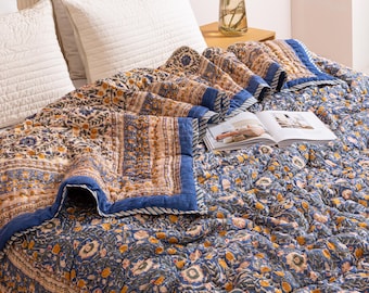 Quilt met diepblauwe en gouden okerblok, katoenen sprei met bloemen, boerderijbeddengoed, luxe huisdecor, omkeerbare katoenen quilt