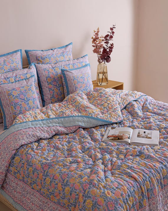Sky Blue Floral Hand Block Printed Cotton Quilt, Botanical Flower Comforter, Reversible All Season Bedspread, Boho Queen King Bedding