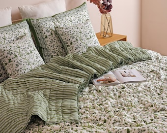 Olive Green Botanical Bird Block Print Quilt, 100% Cotton Comforter, Reversible Coverlet, Handmade All Season Bedding, Queen King Size