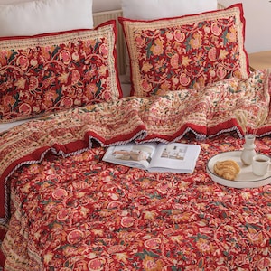 Crimson Red Floral Block Print Quilt, Handmade Cotton Indian Bedding, Beige Boho Bedspread Comforter, Twin Full Queen King Cal King image 4