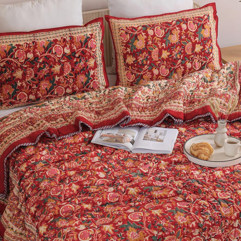 Crimson Red Floral Block Print Quilt, Handmade Cotton Indian Bedding, Beige Boho Bedspread Comforter, Twin Full Queen King Cal King image 4