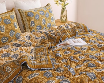 Handmade Mustard Yellow Floral Quilt, Indian Block Print Cotton Bedding, Reversible Coverlet, Queen King Size, All Season Bedding
