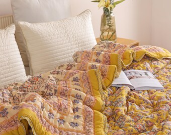 Handmade Golden Ochre Floral Quilt, Hand Block Printed Cotton Queen Bedspread, Boho Bedroom Decor, Yellow Throw Blanket, Luxury Bedding