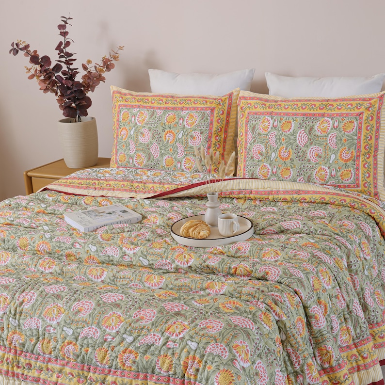 Sage Green & Rust Floral Block Print Quilt, Handmade Cotton Bedspread ...