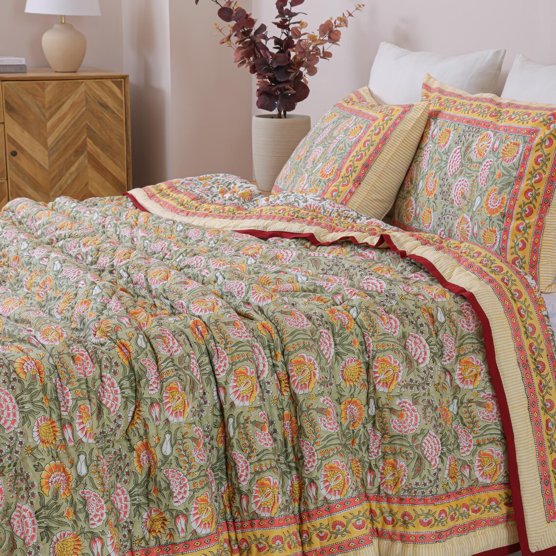 Sage Green & Rust Floral Block Print Quilt, Handmade Cotton Bedspread ...