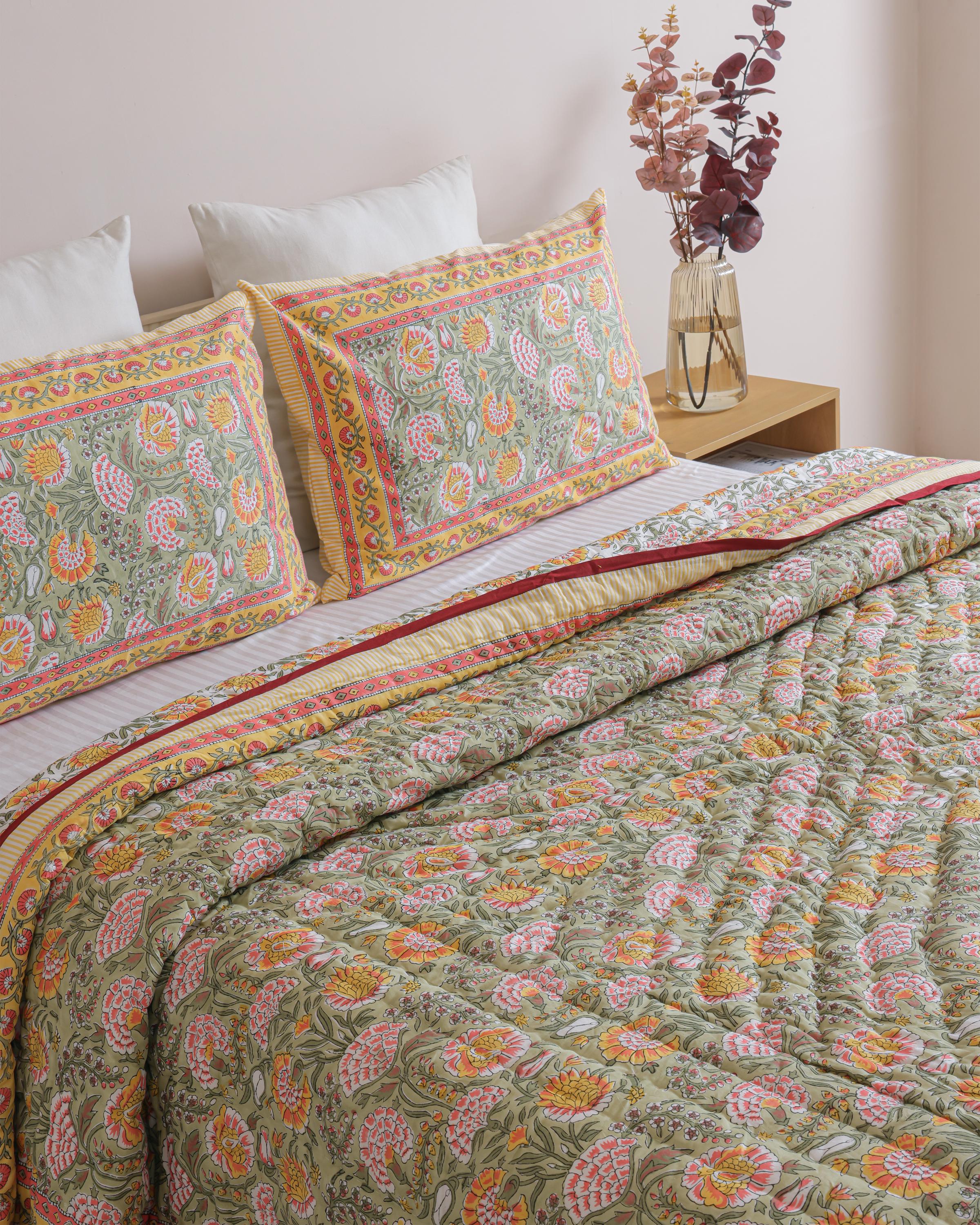 Sage Green & Rust Floral Block Print Quilt, Handmade Cotton Bedspread ...