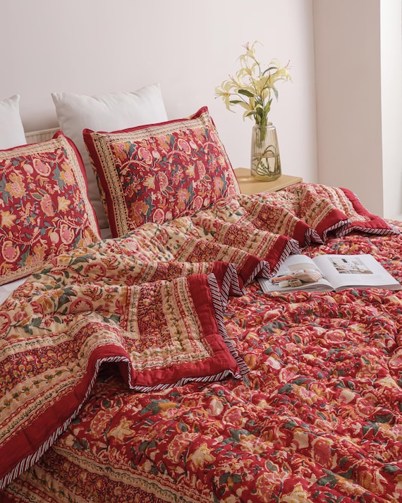 Crimson Red Floral Block Print Quilt, Handmade Cotton Indian Bedding, Beige Boho Bedspread Comforter, Twin Full Queen King Cal King