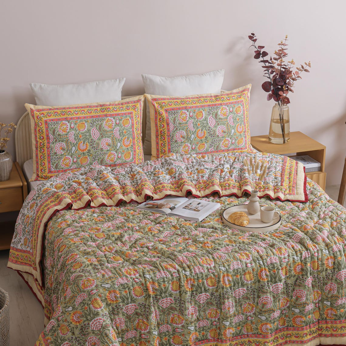 Sage Green & Rust Floral Block Print Quilt, Handmade Cotton Bedspread ...