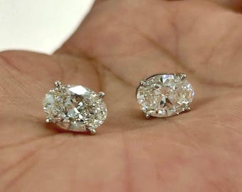 Aretes de oro macizo de 18 quilates con diamantes de laboratorio ovalados / 0,20-1,00 quilates / Aretes de diamantes ovalados de cuatro puntas / Regalo de San Valentín para ella