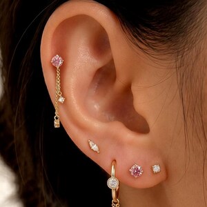 Pendiente de oro macizo de 18 quilates con diamante rosa cultivado en laboratorio, de base plana o con cierre de rosca, para cartílago, hélix, tragus o piercing de concha.