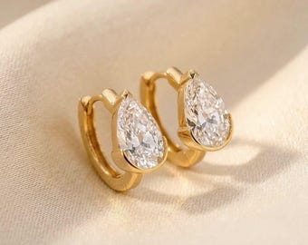 Pendientes de aro de oro macizo de 18 quilates con diamantes en forma de pera / Diamante de laboratorio de 1 quilate / Pendientes colgantes minimalistas / Joyería nupcial y para el día a día