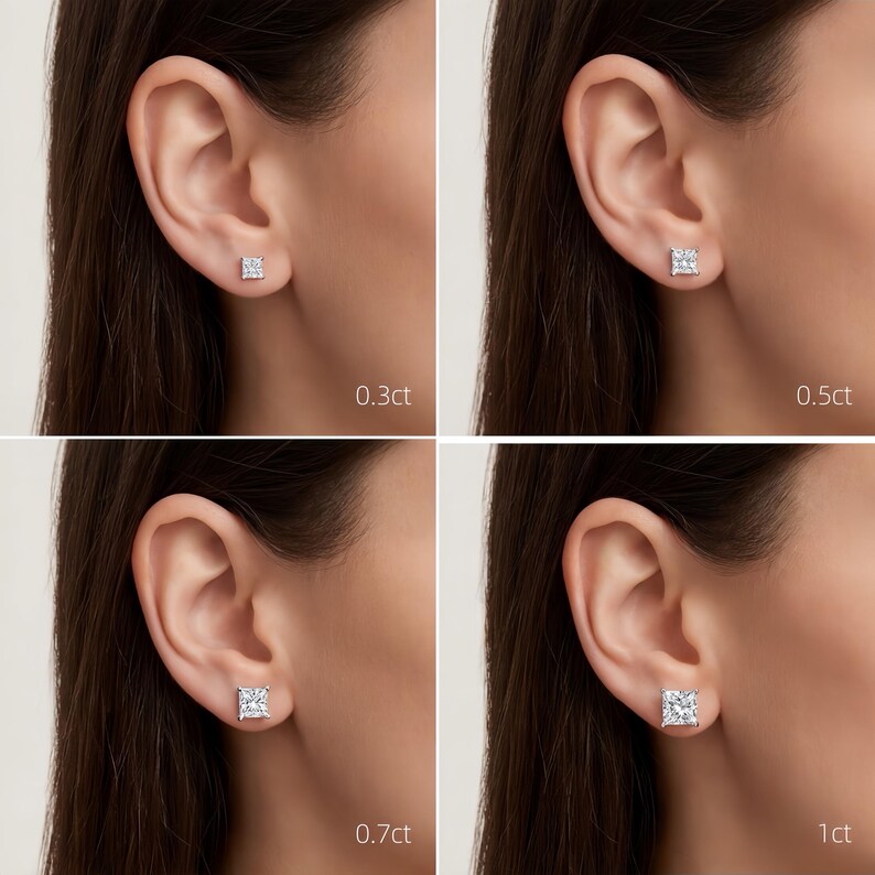 Puede incluir: Cuatro im&aacute;genes que muestran pendientes de diamantes de talla cuadrada de diferentes pesos en quilates: 0,3 ct, 0,5 ct, 0,7 ct y 1 ct. Cada imagen muestra una oreja con un pendiente diferente, destacando las variaciones de tama&ntilde;o.