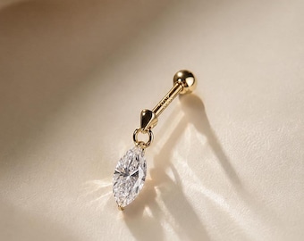 Pendiente de cartílago flotante de oro macizo de 18 quilates con diamante / Pendiente de diamante sintético marquesa de 0,30 ct / Pendiente de rosca con parte posterior plana / Piercing para hélix o tragus