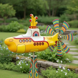 Molinillo de viento Yellow Submarine / Molinillo cinético de metal para jardín / Decoración retro para patio