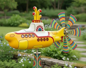 Turbine à vent sous-marine jaune | Tour à remous cinétique de jardin en métal | Art déco de jardin rétro