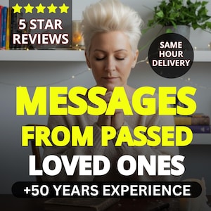 Può includere: Immagine di una donna bionda con le mani giunte. Il testo sovrapposto recita "MESSAGES FROM PASSED LOVED ONES" e "+50 YEARS EXPERIENCE". Sono visibili anche "5 STAR REVIEWS" e "SAME HOUR DELIVERY".