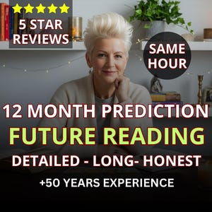Puede incluir: Imagen de una mujer rubia sonriendo, con superposición de texto: "PREDICCIÓN DE 12 MESES LECTURA FUTURA DETALLADA - LARGA - HONESTA +50 AÑOS DE EXPERIENCIA". La imagen también incluye "5 ESTRELLAS RESEÑAS" y "MISMA HORA".