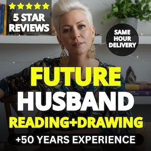 May include: An image promoting a future husband reading and drawing service. The text reads "FUTURE HUSBAND READING+DRAWING +50 YEARS EXPERIENCE". The image includes a woman with short white hair, gold earrings, and a patterned top. The background includes a bookshelf and a plant.