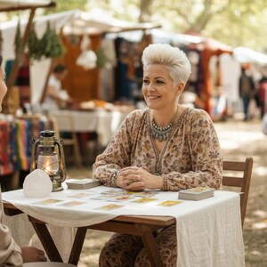 May include: Two women seated at a small wooden table with tarot cards, engaged in a reading. A vintage lantern and a crystal are on the table. The scene takes place at an outdoor market with other vendors and shoppers in the background.