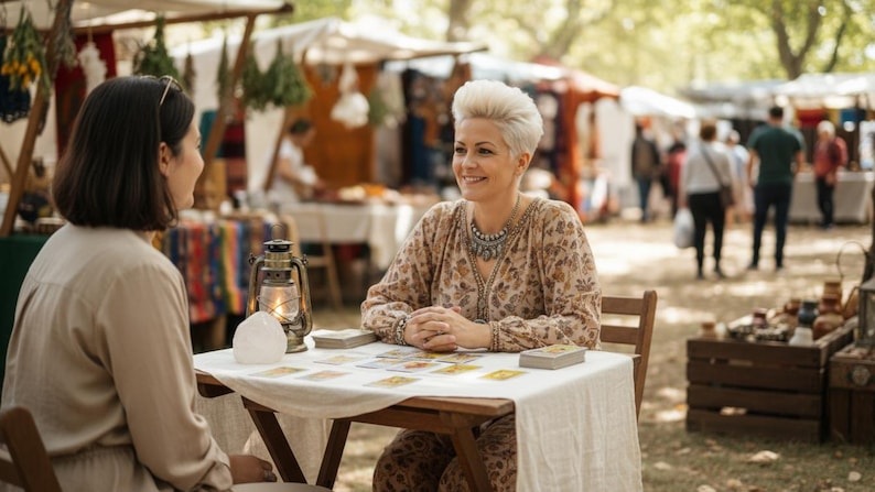May include: Two women seated at a small wooden table with tarot cards, engaged in a reading. A vintage lantern and a crystal are on the table. The scene takes place at an outdoor market with other vendors and shoppers in the background.