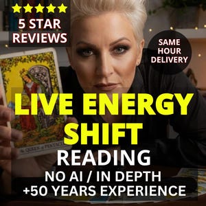 May include: Image of a tarot card reading. The card held up features a woman in a red dress. Text on the image reads "LIVE ENERGY SHIFT READING" and "NO AI / IN DEPTH +50 YEARS EXPERIENCE". The image also includes "5 STAR REVIEWS" and "SAME HOUR DELIVERY".