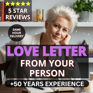 May include: Image features a woman with short, white hair, smiling at the camera. Text overlay reads "LOVE LETTER FROM YOUR PERSON" and "+50 YEARS EXPERIENCE". Additional text indicates "5 STAR REVIEWS" and "SAME HOUR DELIVERY".